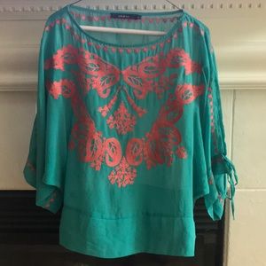 5/$25! teal and coral embroidered boho top